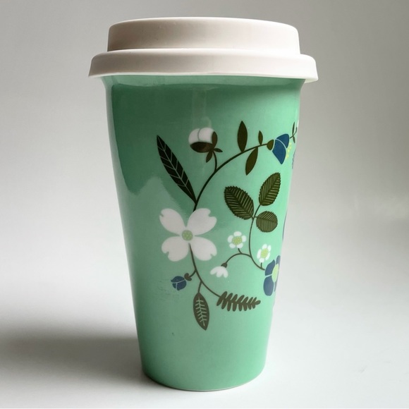 Travel Cup Tall Monogram E Green White Blue Silicone Lid Porcelain Coffee Floral - Picture 3 of 16